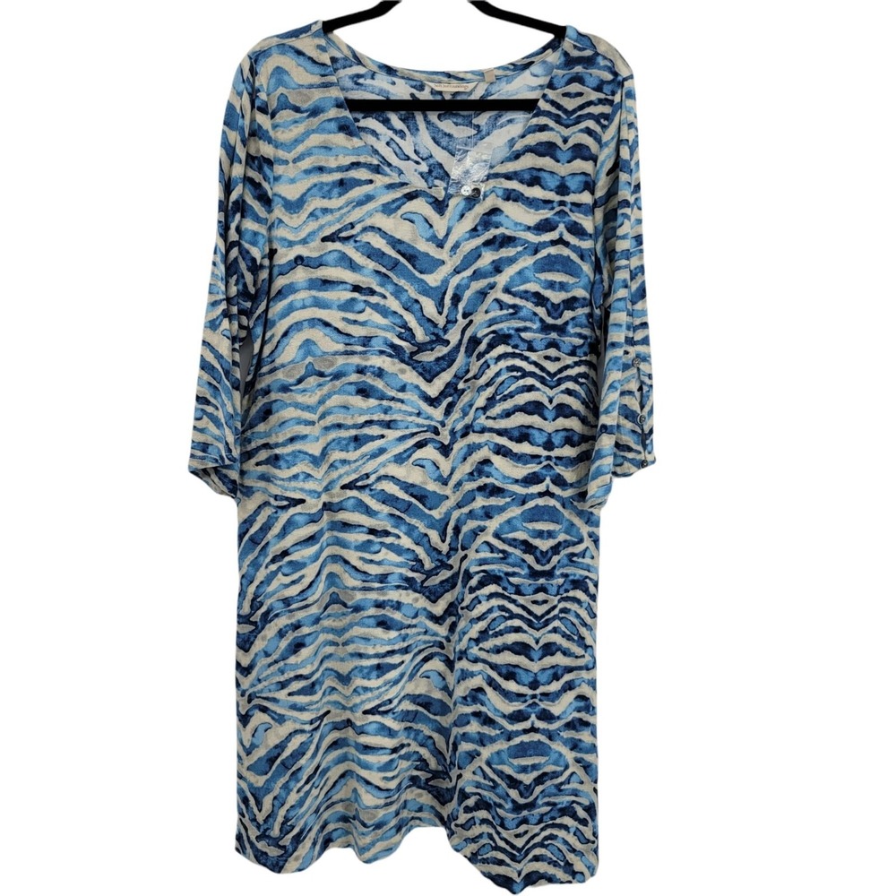 Soft Surroundings Coverup Dress L Blue Animal‎ Striped Cotton Resort Wear Beach